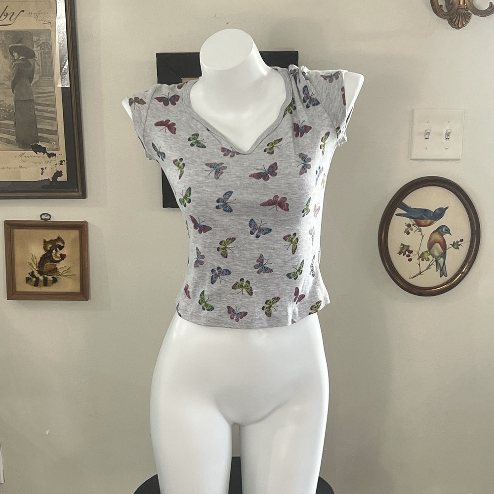 California Club Butterfly Print V-Neck Tee Shirt Sleeveless Size M